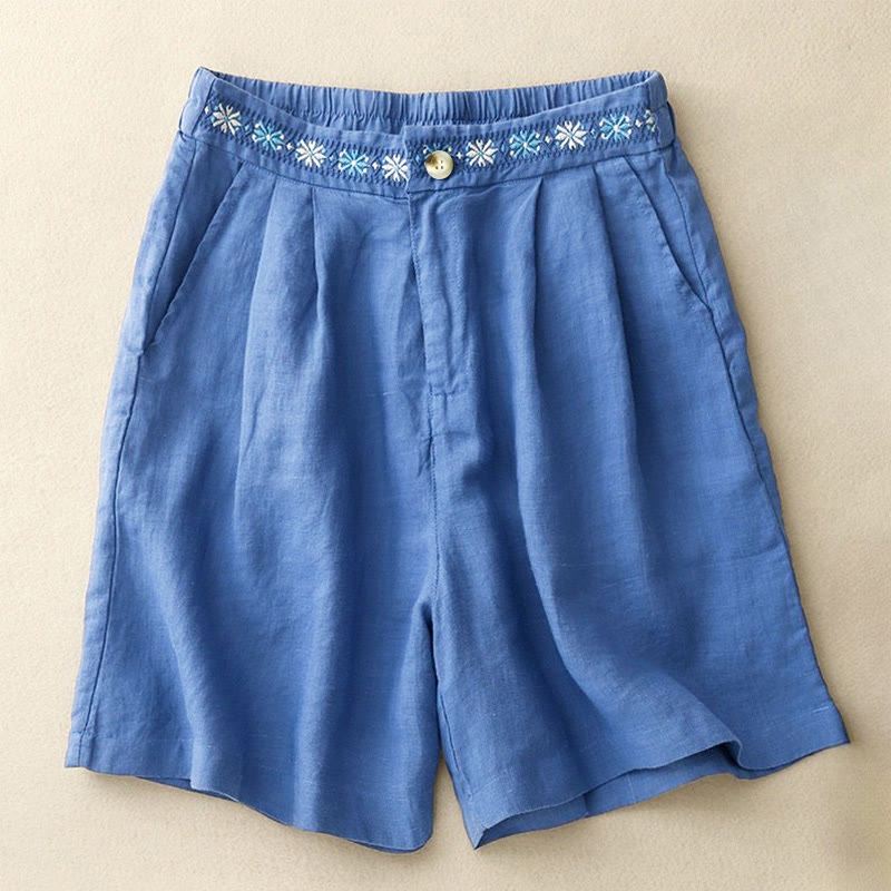 Buddha Stones Zomerse casual damesshorts met geborduurde bloemen, plooien, ritssluiting en knoopsluiting, gemaakt van polyester, met Zakken. - Koningsblauw - US8-10，UK/AU12-14，EU40-42 (2XL) - image 0