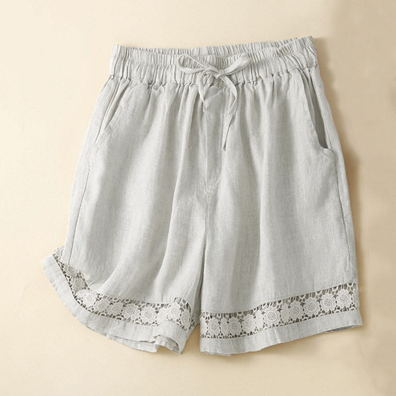 Buddha Stones Effen katoenen damesshorts met opengewerkt kantdesign en vetersluiting, inclusief Zakken. - Beige - US12, UK/AU16, EU44 (3XL) - image 0