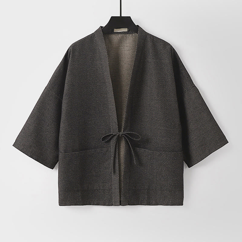 Buddha Stones Casual minimalistische herenkimono met trekkoord en Zakken , effen katoenlinnen. - image 1