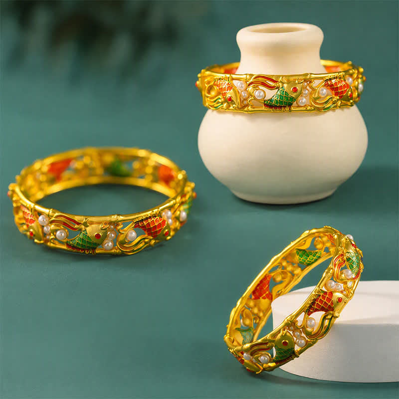 Buddha Stones Verguld messing Koi- Bangle Success vintage Chinese Manchetarmband - image 9