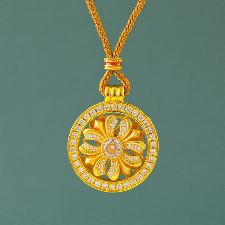 Buddha Stones Verguld messing ronde Ketting met draaiende irisbloem - Bruin gevlochten koord - image 0