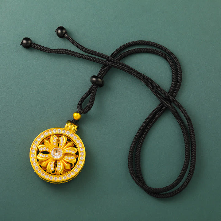 Buddha Stones Verguld messing ronde Ketting met draaiende irisbloem - Zwart snoer - image 6