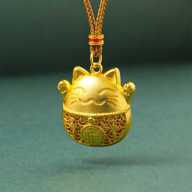 Buddha Stones Verguld messing ketting met gevlochten touw en Ketting van een gelukskat met het Fu-karakter. - Gouden Touw - image 0