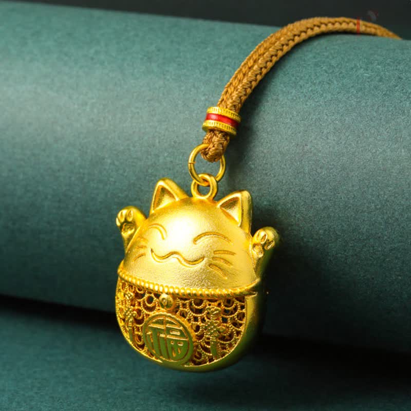 Buddha Stones Verguld messing ketting met gevlochten touw en Ketting van een gelukskat met het Fu-karakter. - image 1