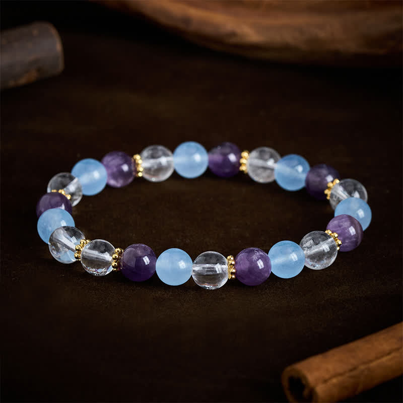 Buddha Stones Beschermende Armband met kralen van helder kwarts, amethist en blauwe chalcedoon. - image 1