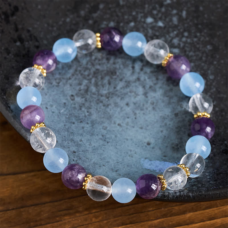 Buddha Stones Beschermende Armband met kralen van helder kwarts, amethist en blauwe chalcedoon. - image 2