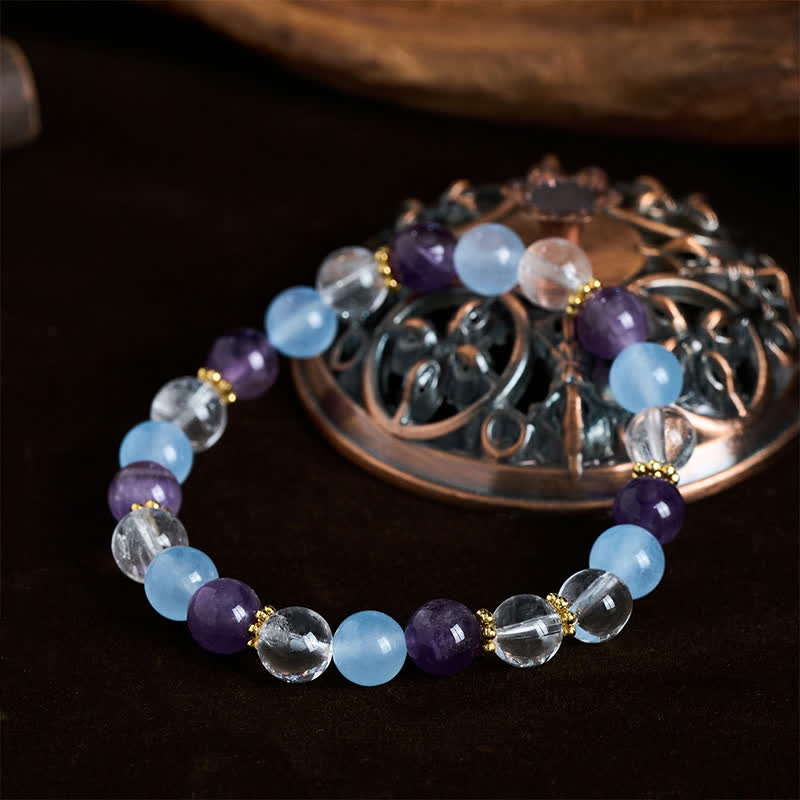 Buddha Stones Beschermende Armband met kralen van helder kwarts, amethist en blauwe chalcedoon. - image 3
