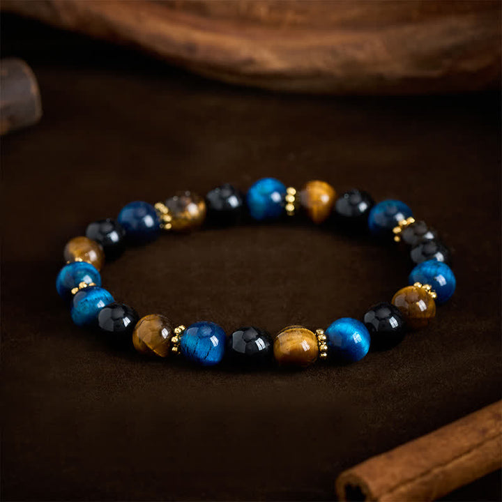 Buddha Stones Tijgeroog Blauwe Tijgeroog Zwarte Obsidiaan Kralen Moed Armband - image 2