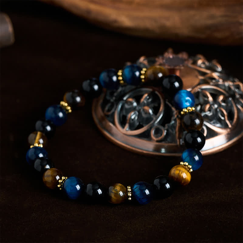 Buddha Stones Tijgeroog Blauwe Tijgeroog Zwarte Obsidiaan Kralen Moed Armband - image 1