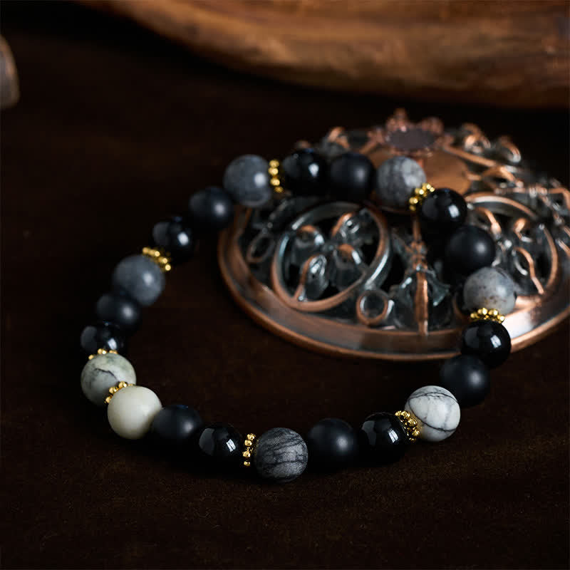 Buddha Stones Armband met kralen van matzwarte obsidiaan en grijze jaspis - image 1