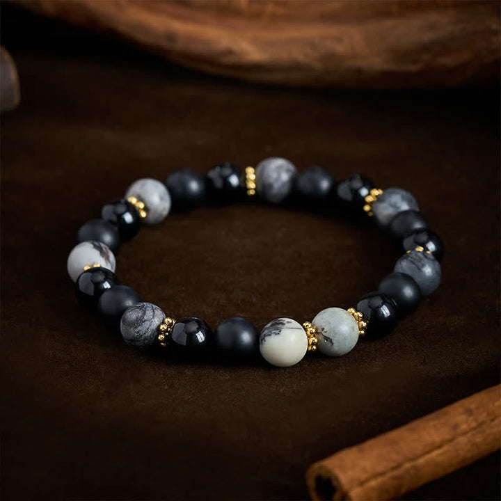 Buddha Stones Armband met kralen van matzwarte obsidiaan en grijze jaspis - image 3