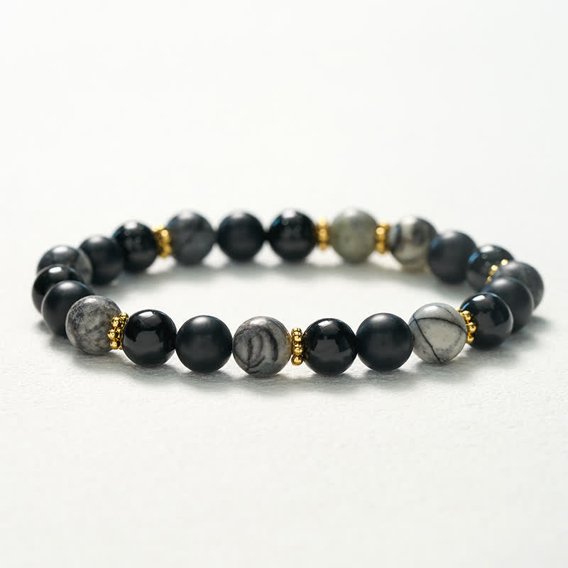 Buddha Stones Armband met kralen van matzwarte obsidiaan en grijze jaspis - image 10