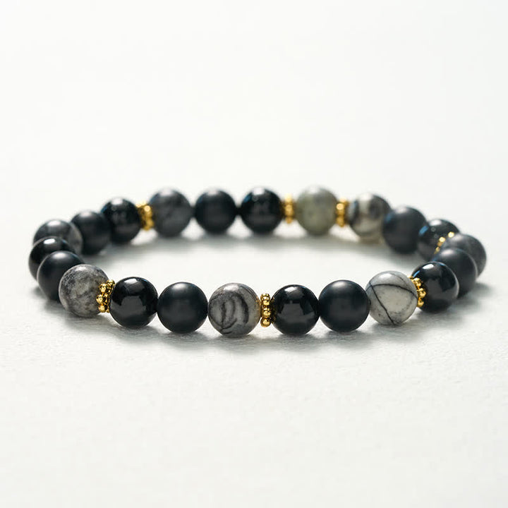 Buddha Stones Armband met kralen van matzwarte obsidiaan en grijze jaspis - image 10