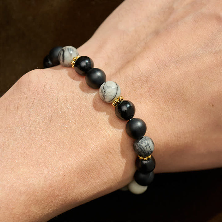 Buddha Stones Armband met kralen van matzwarte obsidiaan en grijze jaspis - image 4