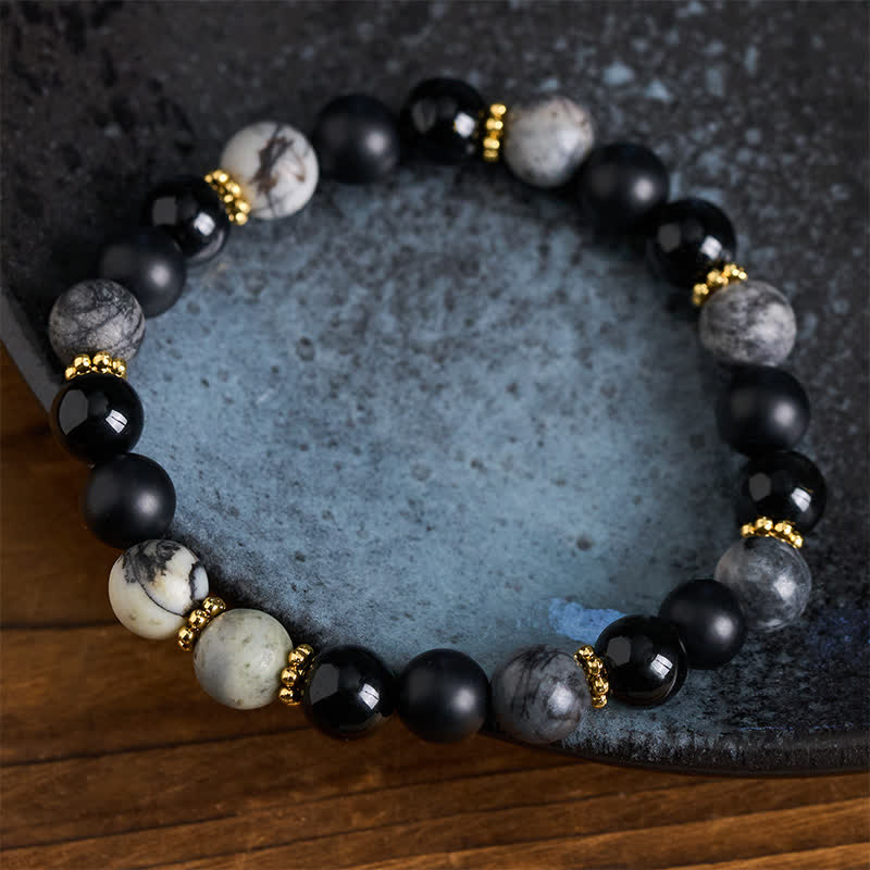 Buddha Stones Armband met kralen van matzwarte obsidiaan en grijze jaspis - image 2