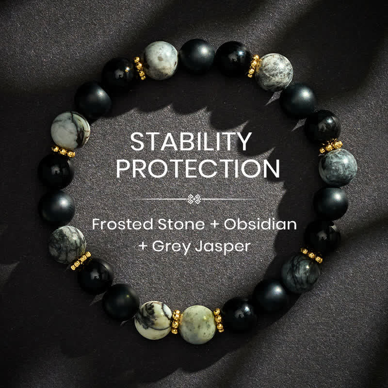 Buddha Stones Armband met kralen van matzwarte obsidiaan en grijze jaspis - 8mm - image 0