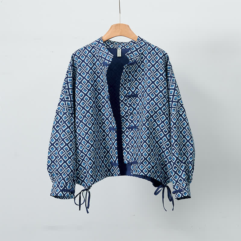 Buddha Stones Lente casual boho damesjas met trekkoord en geometrische print - Marine - US12, UK/AU16, EU44 (XL) - image 0