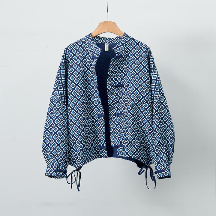 Buddha Stones Lente casual boho damesjas met trekkoord en geometrische print - Marine - US12, UK/AU16, EU44 (XL) - image 0