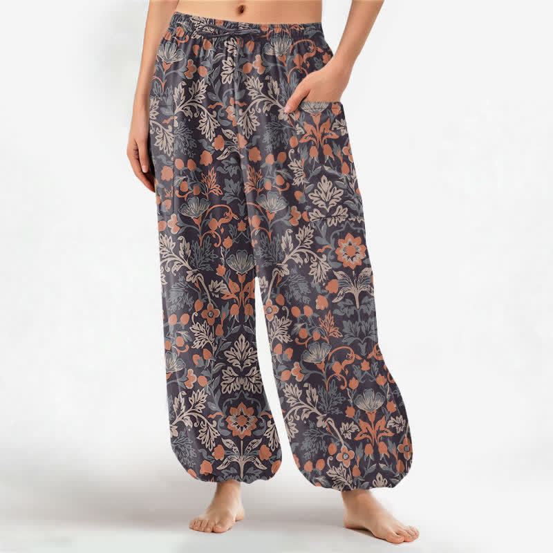 Buddha Stones Vintage katoenen harembroek met bloemen- en paisleyprint, elastische Taille en Zakken . - Zadelbruin - US16, UK/AU20, EU48 (3XL) - image 0