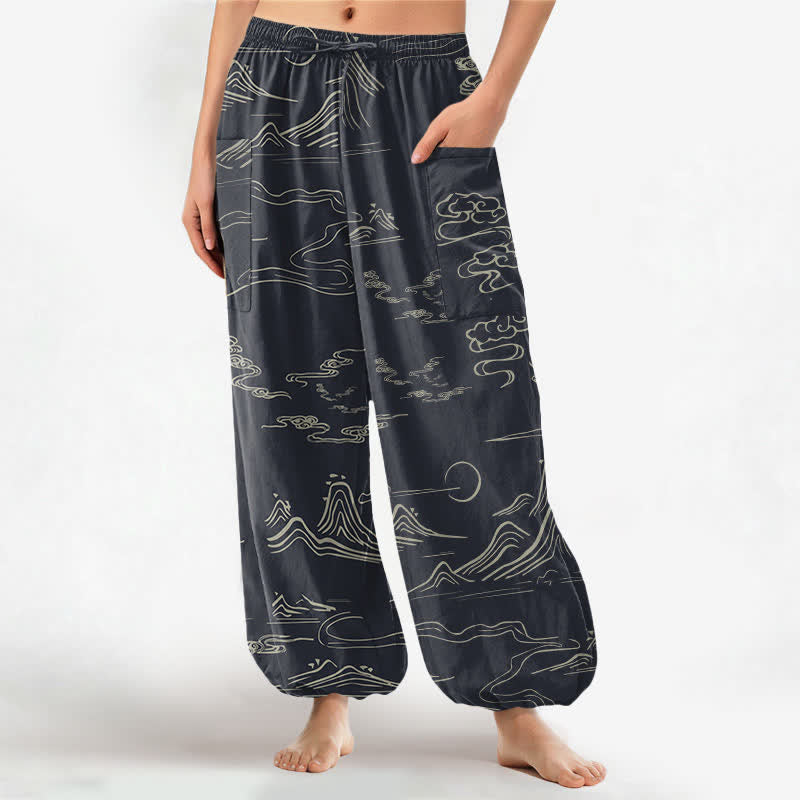 Buddha Stones Dames harembroek met elastische Taille en Zakken , met een oosters bergwolkenpatroon van katoen. - Zwart - US16, UK/AU20, EU48 (3XL) - image 0