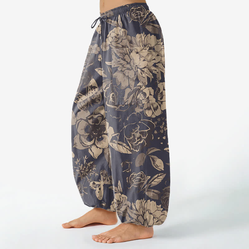Buddha Stones Vintage katoenen harembroek voor dames met pioenrozen- en chrysantenprint en elastische Taille , inclusief Zakken. - image 1