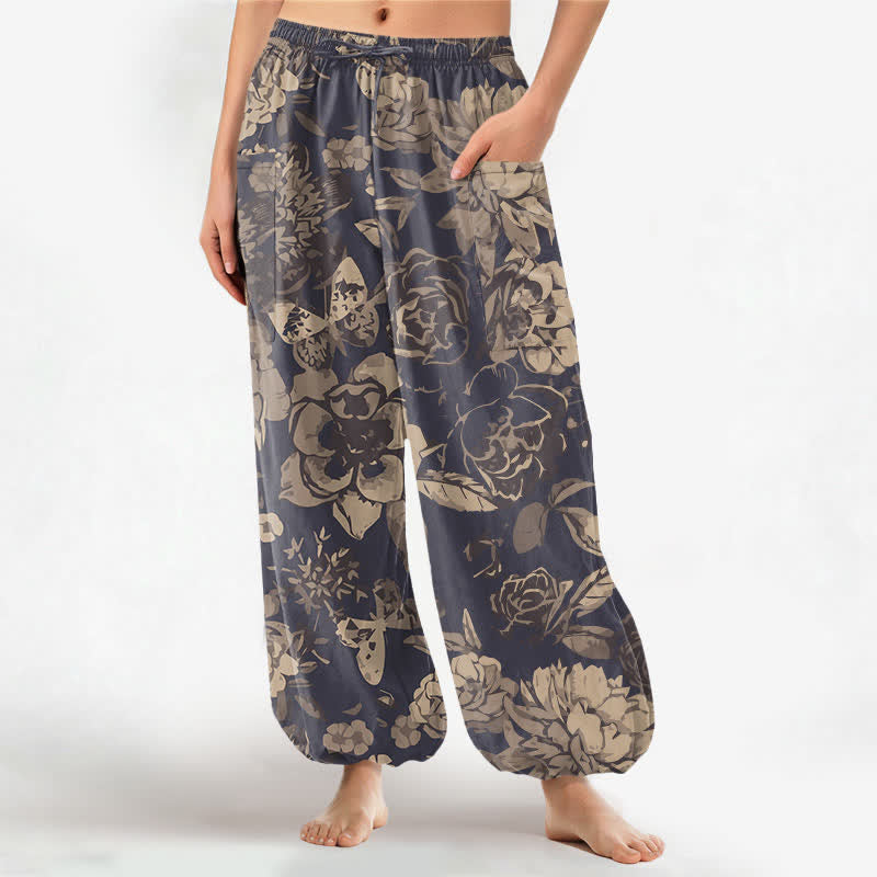 Buddha Stones Vintage katoenen harembroek voor dames met pioenrozen- en chrysantenprint en elastische Taille , inclusief Zakken. - Donker leisteenblauw - US16, UK/AU20, EU48 (3XL) - image 0