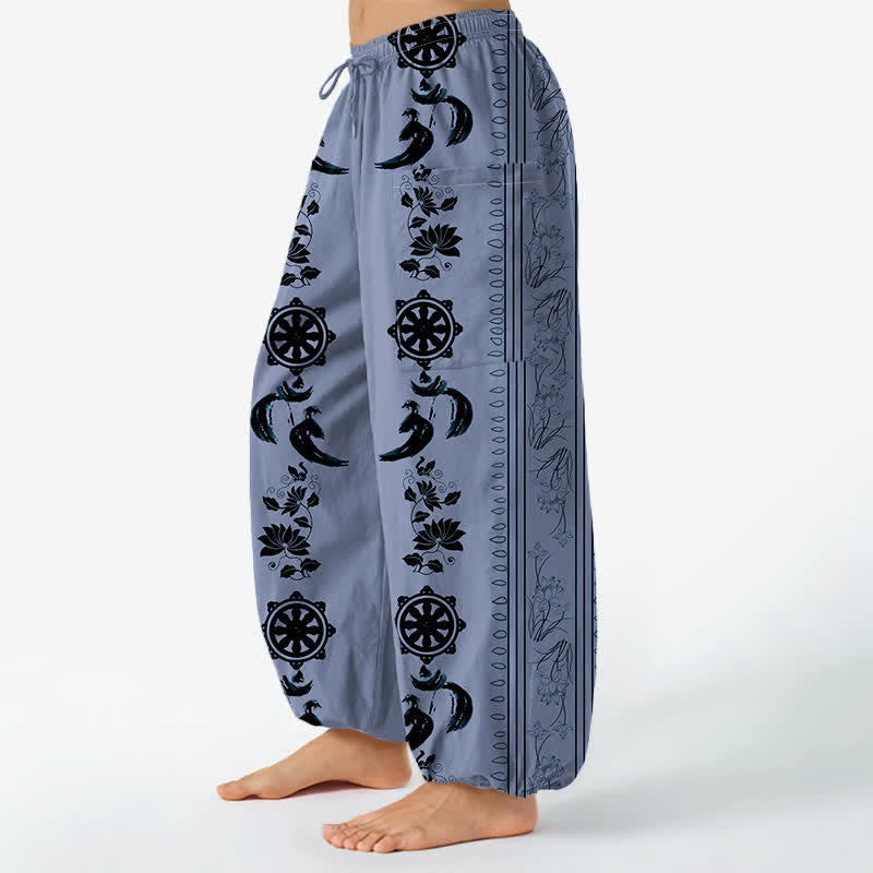 Buddha Stones Katoenen Boheemse harembroek voor dames met dharmawiel, lotus-OM-streepmotief en elastische Taille , inclusief Zakken. - image 1