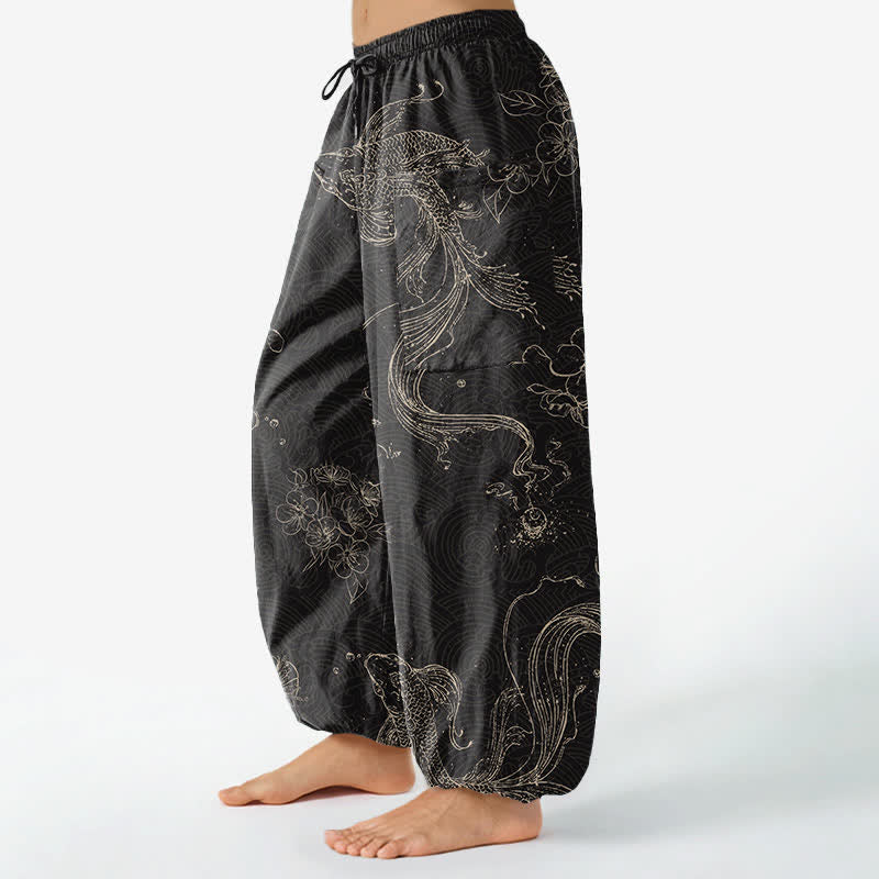 Buddha Stones Dames harembroek met elastische Taille en Zakken , met katoenen koi-vis bloemenpatroon. - image 1