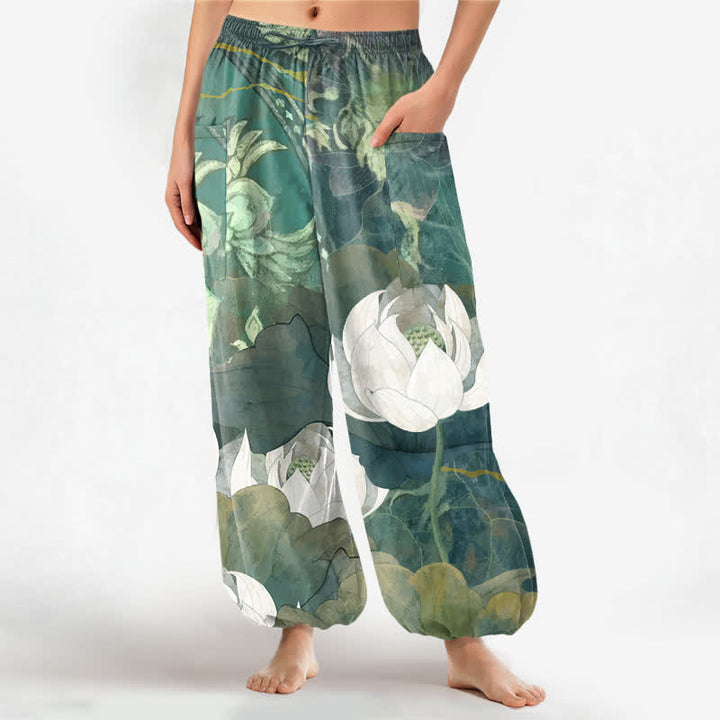 Buddha Stones Witte katoenen harembroek voor dames met lotusbladprint, elastische Taille en Zakken. - Zeegroen - US16, UK/AU20, EU48 (3XL) - image 0