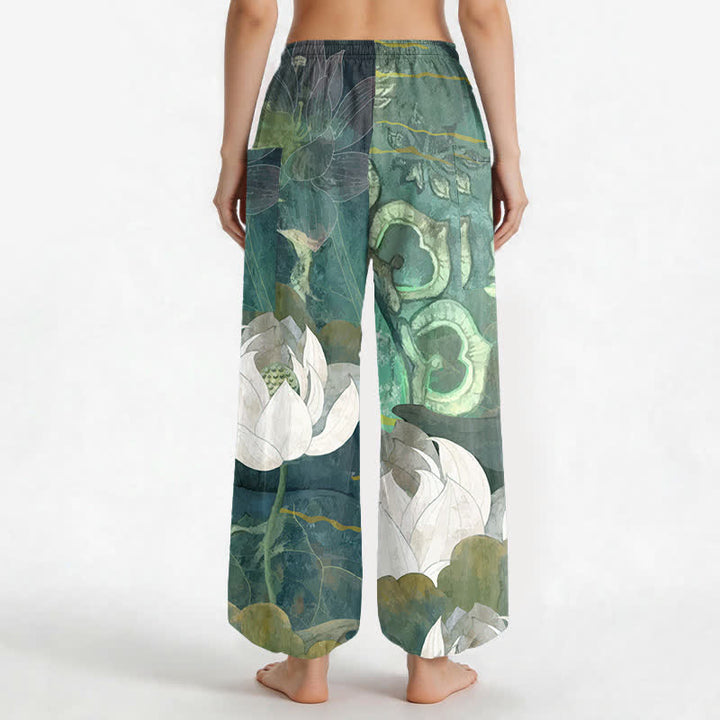 Buddha Stones Witte katoenen harembroek voor dames met lotusbladprint, elastische Taille en Zakken. - image 2