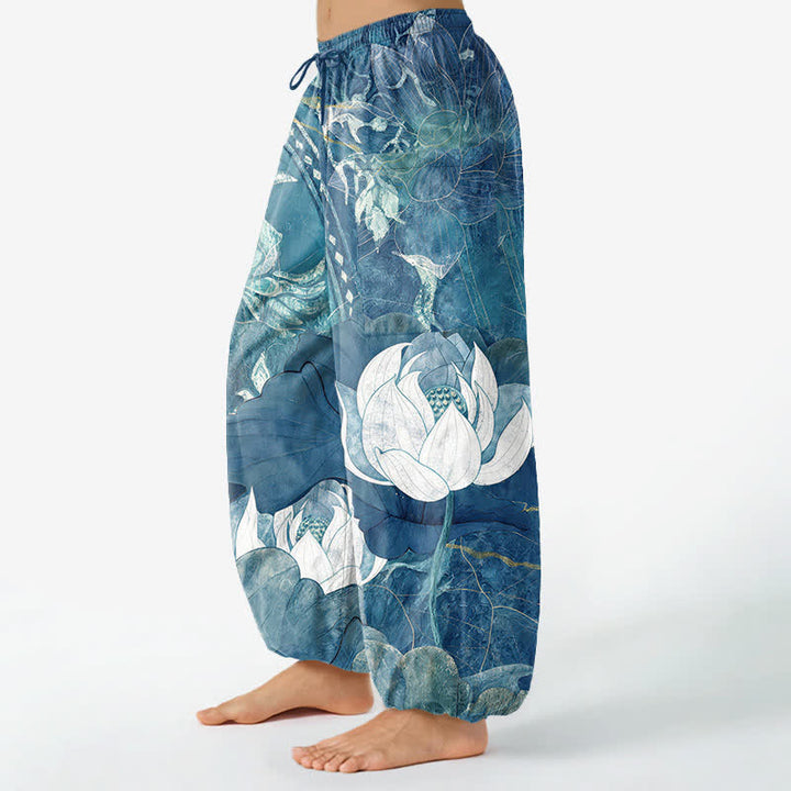 Buddha Stones Witte katoenen harembroek voor dames met lotusbladprint, elastische Taille en Zakken. - image 8