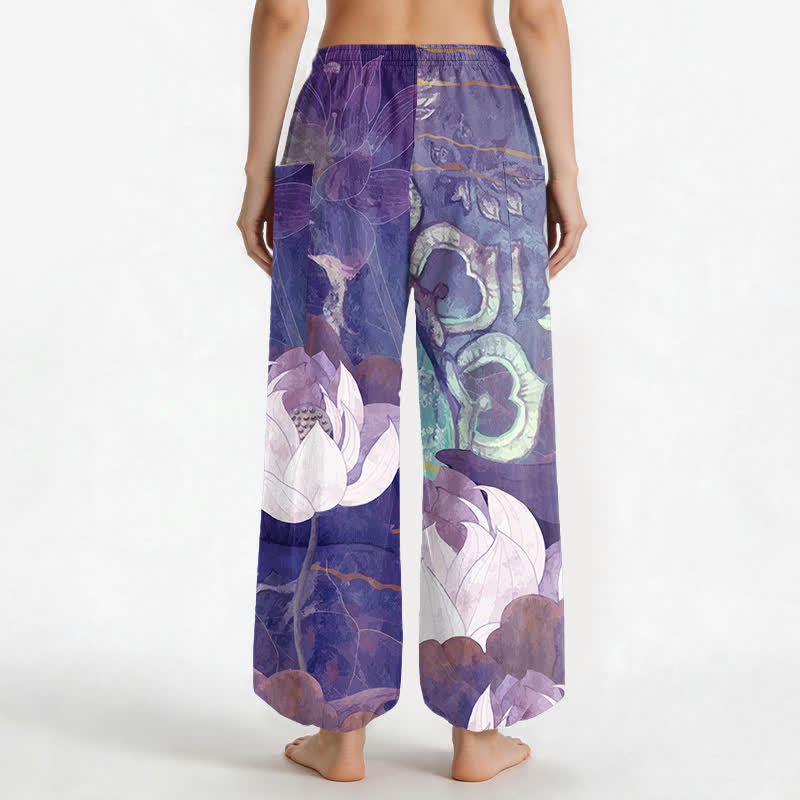 Buddha Stones Witte katoenen harembroek voor dames met lotusbladprint, elastische Taille en Zakken. - image 12