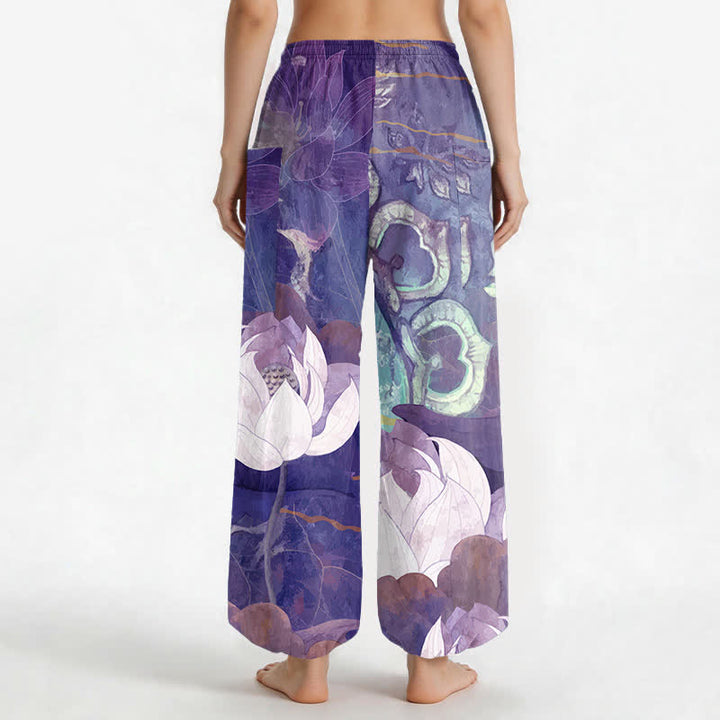 Buddha Stones Witte katoenen harembroek voor dames met lotusbladprint, elastische Taille en Zakken. - image 12
