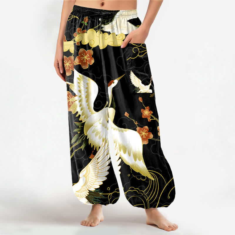 Buddha Stones Dames harembroek met elastische Taille en Zakken , met een patroon van katoenen oosterse kraanvogelbloemen en wolken. - Zwart - US16, UK/AU20, EU48 (3XL) - image 0