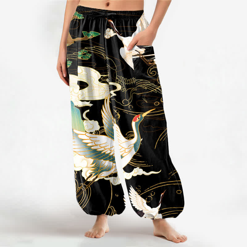 Buddha Stones Dames harembroek met elastische Taille en Zakken , met een oosters kraanvogel-golfpatroon van katoen. - Zwart - US16, UK/AU20, EU48 (3XL) - image 0