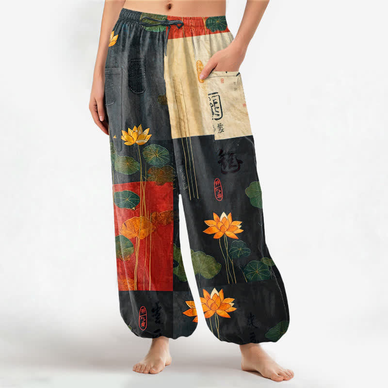 Buddha Stones Dames harembroek met elastische Taille en Zakken , patchworkdesign van katoenen oosterse lotusbladeren. - Zwart - US16, UK/AU20, EU48 (3XL) - image 0