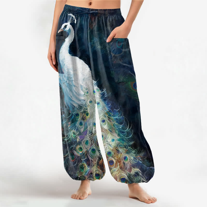 Buddha Stones Witte katoenen harembroek voor dames met pauwenverenpatroon, elastische Taille en Zakken. - Marine - US16, UK/AU20, EU48 (3XL) - image 0