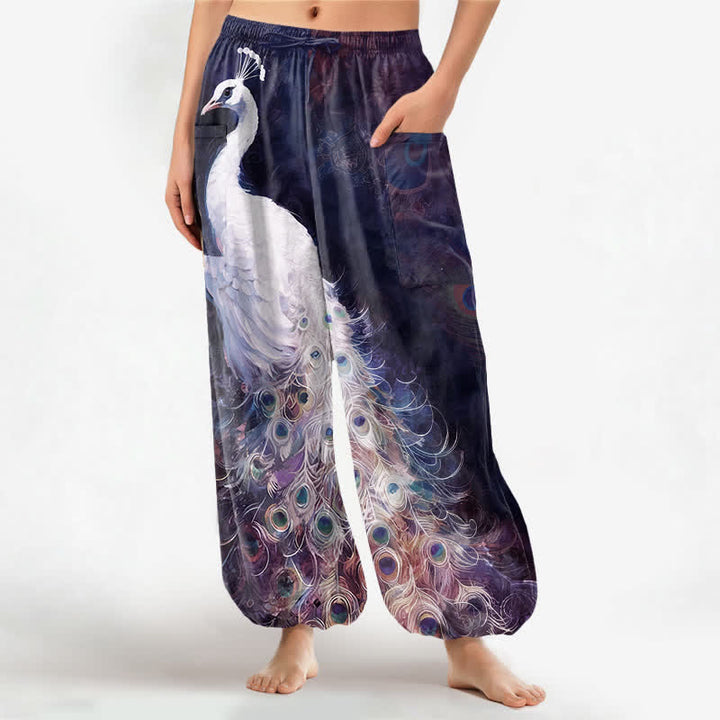 Buddha Stones Witte katoenen harembroek voor dames met pauwenverenpatroon, elastische Taille en Zakken. - Indigo - US16, UK/AU20, EU48 (3XL) - image 7