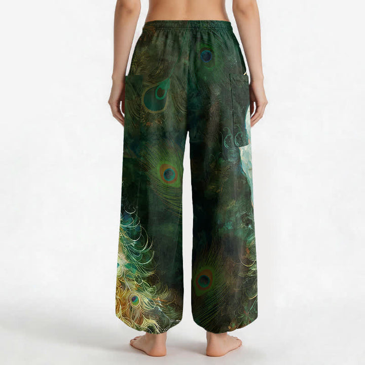 Buddha Stones Witte katoenen harembroek voor dames met pauwenverenpatroon, elastische Taille en Zakken. - image 12