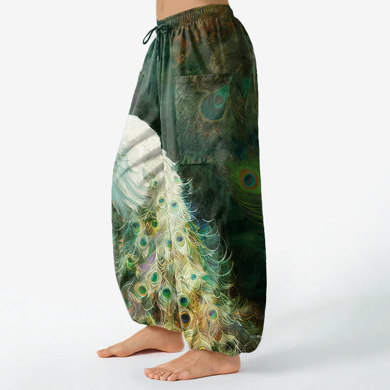 Buddha Stones Witte katoenen harembroek voor dames met pauwenverenpatroon, elastische Taille en Zakken. - image 11