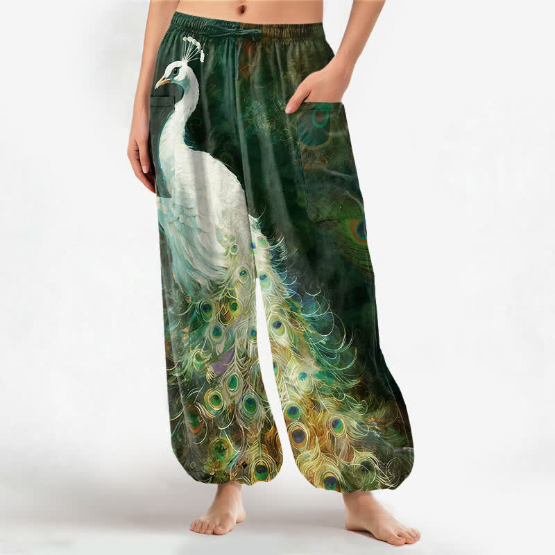 Buddha Stones Witte katoenen harembroek voor dames met pauwenverenpatroon, elastische Taille en Zakken. - Donkergroen - US16, UK/AU20, EU48 (3XL) - image 10