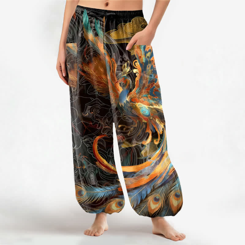 Buddha Stones Dames harembroek met elastische Taille en Zakken , Boheemse print van een vliegende feniks met veren. - Zwart - US16, UK/AU20, EU48 (3XL) - image 0