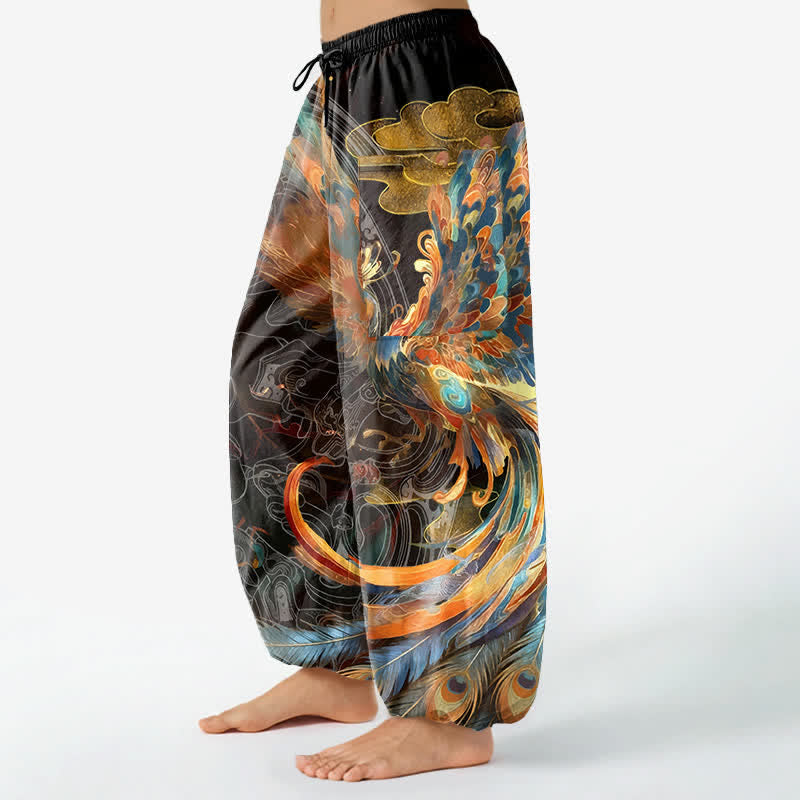 Buddha Stones Dames harembroek met elastische Taille en Zakken , Boheemse print van een vliegende feniks met veren. - image 1