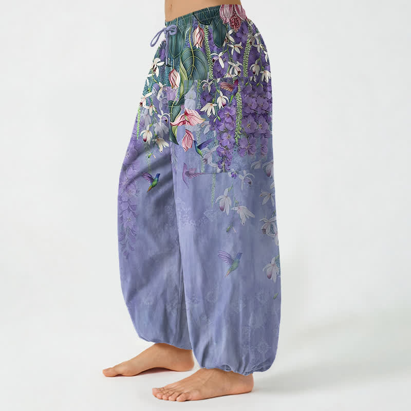 Buddha Stones Vintage katoenen harembroek voor dames met blauweregen, vogeltjes en bloemenpatroon, elastische Taille en Zakken. - image 1