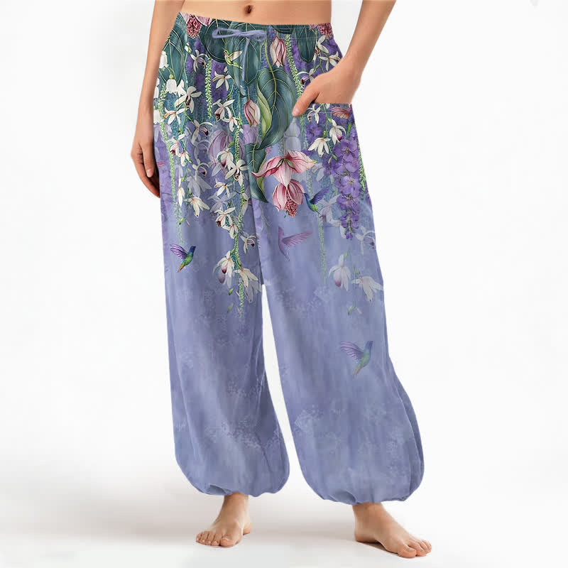Buddha Stones Vintage katoenen harembroek voor dames met blauweregen, vogeltjes en bloemenpatroon, elastische Taille en Zakken. - Lavendel - US16, UK/AU20, EU48 (3XL) - image 0