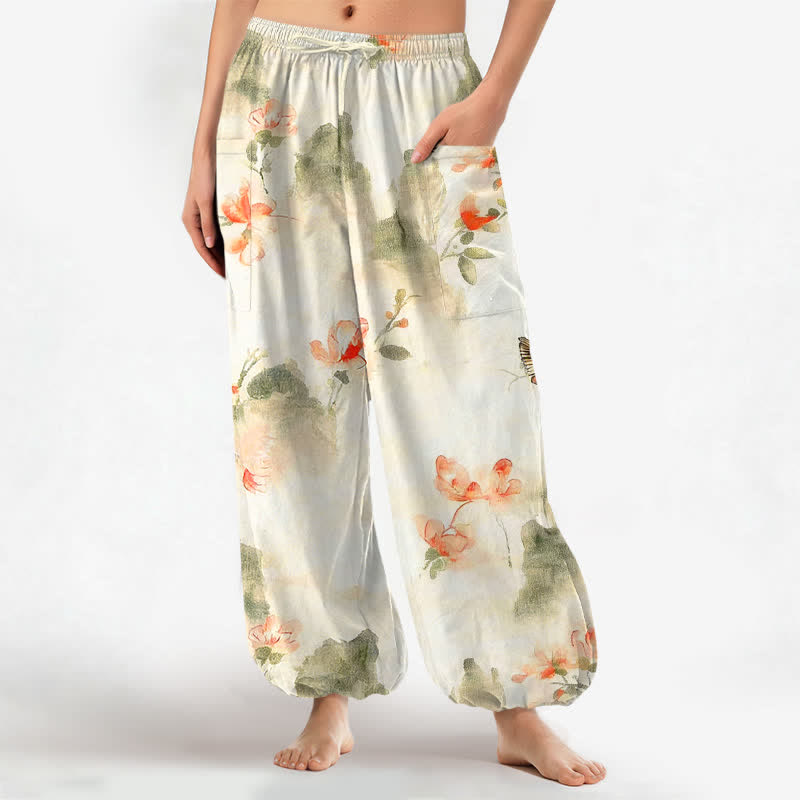 Buddha Stones Dames harembroek met elastische Taille en Zakken , bedrukt met een katoenen aquarel bloemen- en vlinderpatroon. - Ivoor - US16, UK/AU20, EU48 (3XL) - image 0