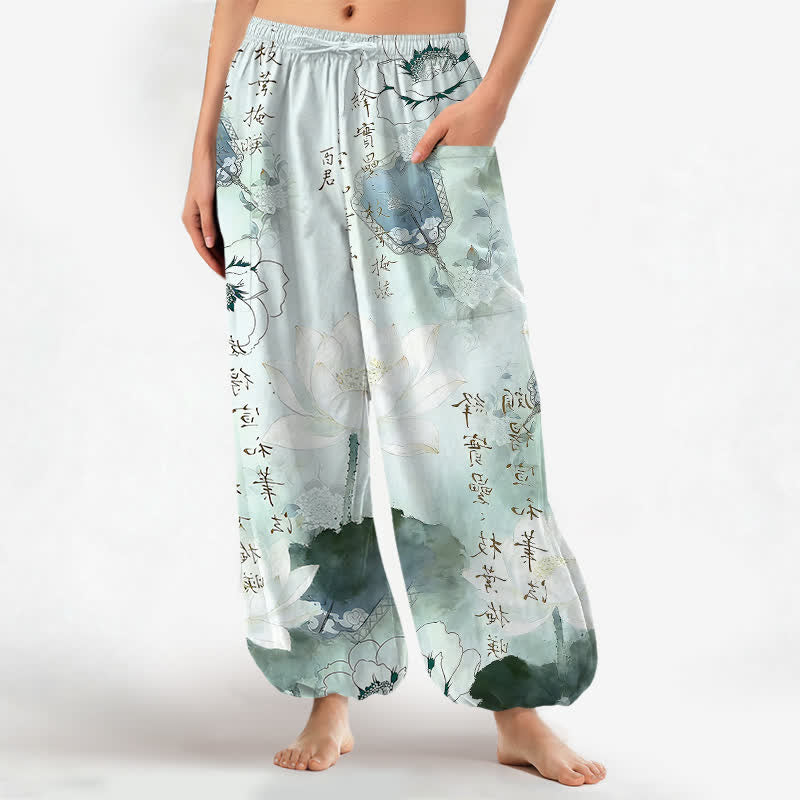 Buddha Stones Dames harembroek met elastische Taille en Zakken , bedrukt met katoenen lotusbloeminkt. - Licht turkoois - US16, UK/AU20, EU48 (3XL) - image 0
