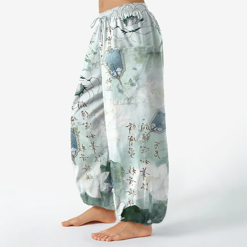 Buddha Stones Dames harembroek met elastische Taille en Zakken , bedrukt met katoenen lotusbloeminkt. - image 1