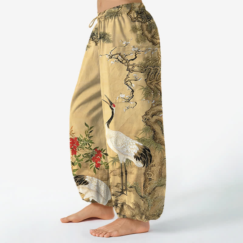 Buddha Stones Dames harembroek met elastische Taille en Zakken , met een patroon van katoenen oosterse kraanvogels en dennenbloesems. - image 1