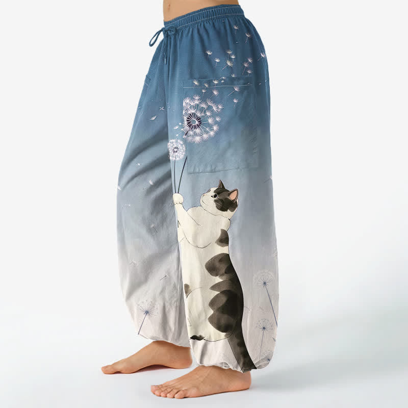 Buddha Stones Katoenen harembroek voor dames met dromerig koeien-, katten- en paardenbloemmotief en elastische Taille , inclusief Zakken. - image 1